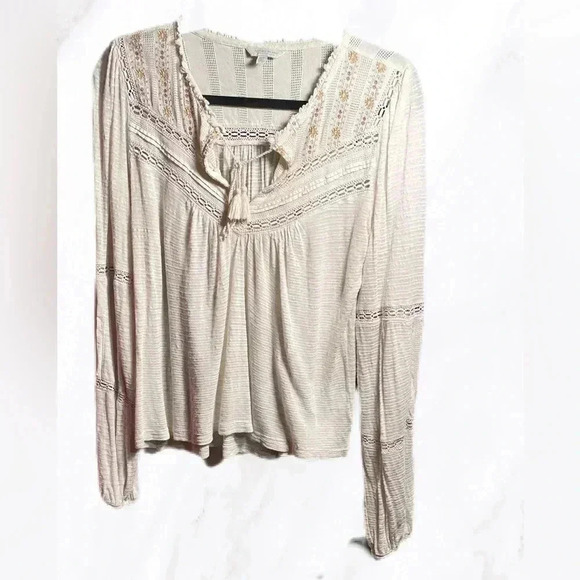 Lucky Brand long sleeve bohemian smocked peasant linen cotton blend shirt S - Picture 2 of 4